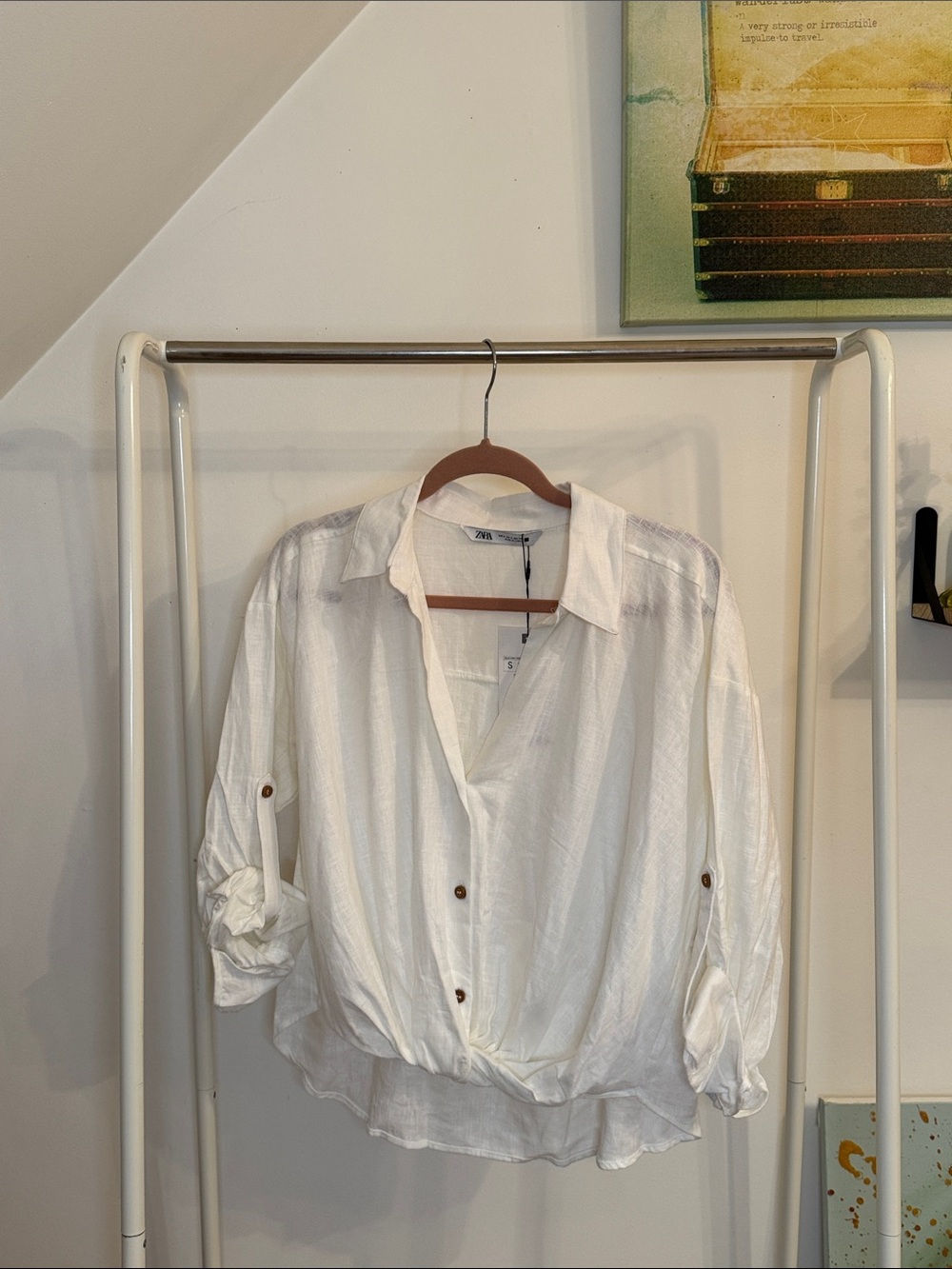 Zara White Button-Front Lightweight tie front Shirt size S